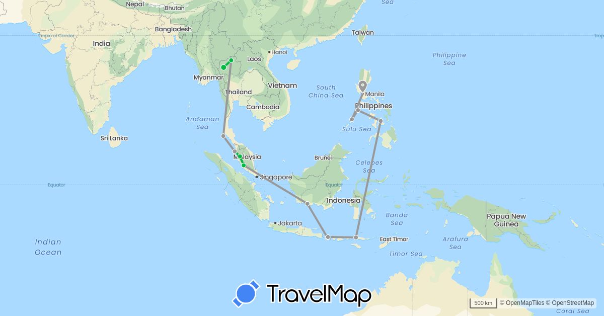 TravelMap itinerary: driving, bus, plane in Indonesia, Malaysia, Philippines, Thailand (Asia)